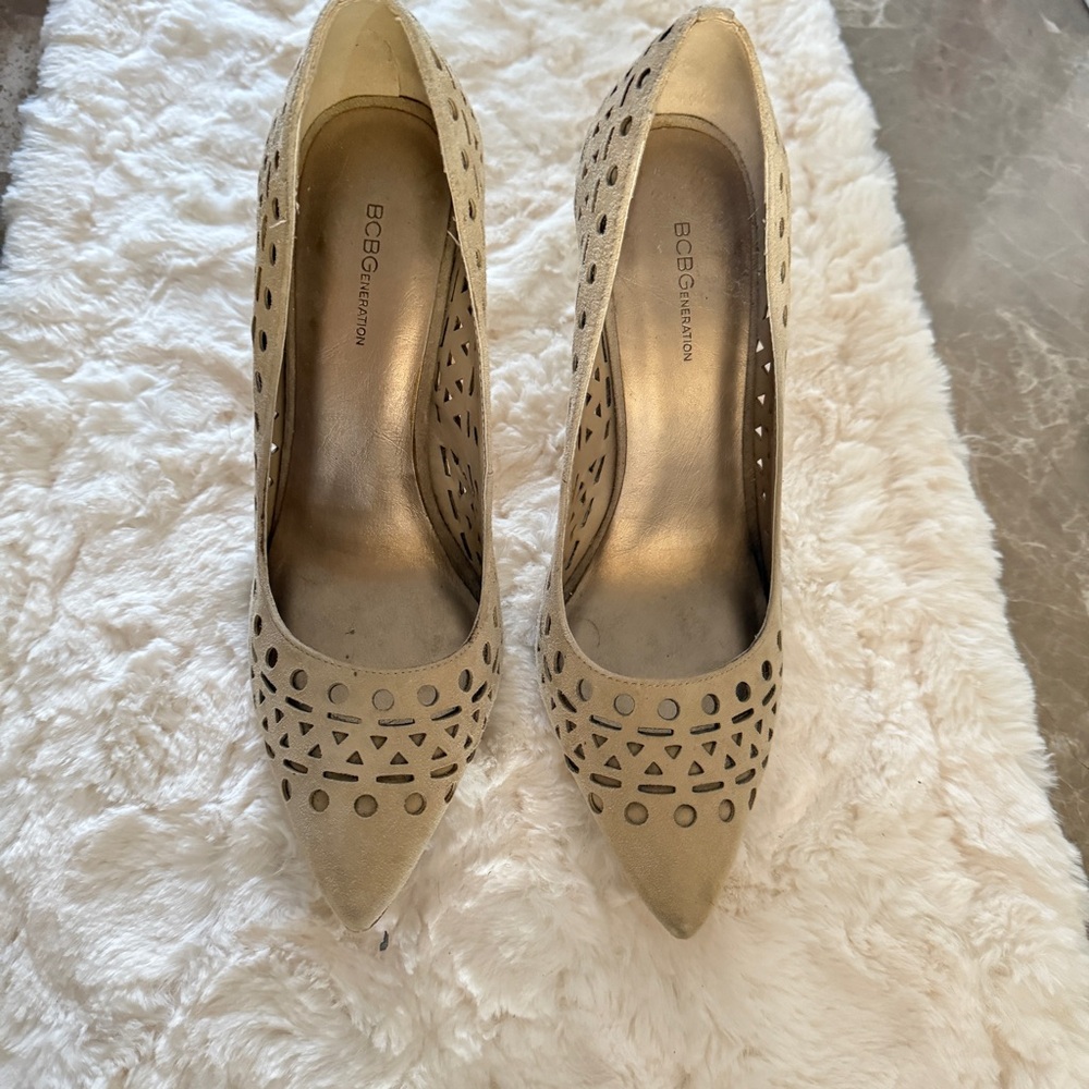 BCBGeneration Tan Suede Heels with Intricate Cutout Design